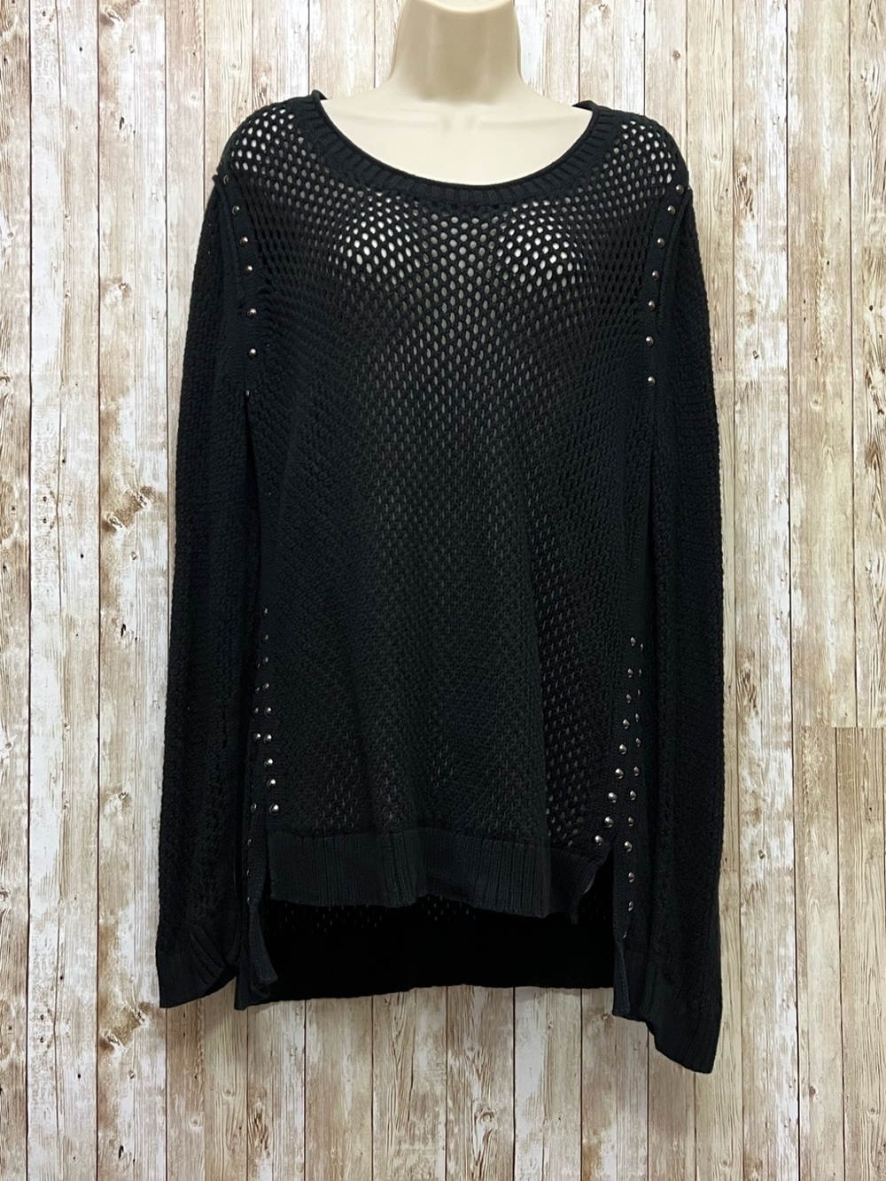 Rock & Republic Women's Black Open-Knit Sweater with Stud Detail Size XL